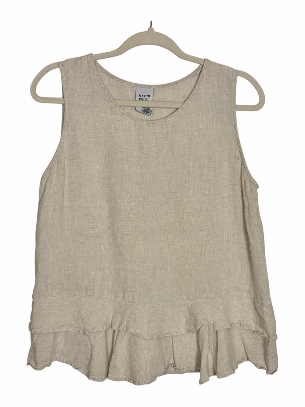 Match Point Beige 100% Linen Sleeveless Tiered Ruffle Hem Top Minimal USA Size S